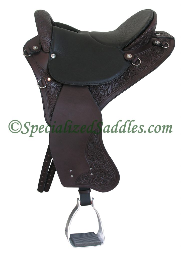 Specialized Saddles Mahogany Eurolight with Black Padded Seat, 3/4 Floral Tooling with Fenders, English Rigging & Aluminum Trail Stirrups