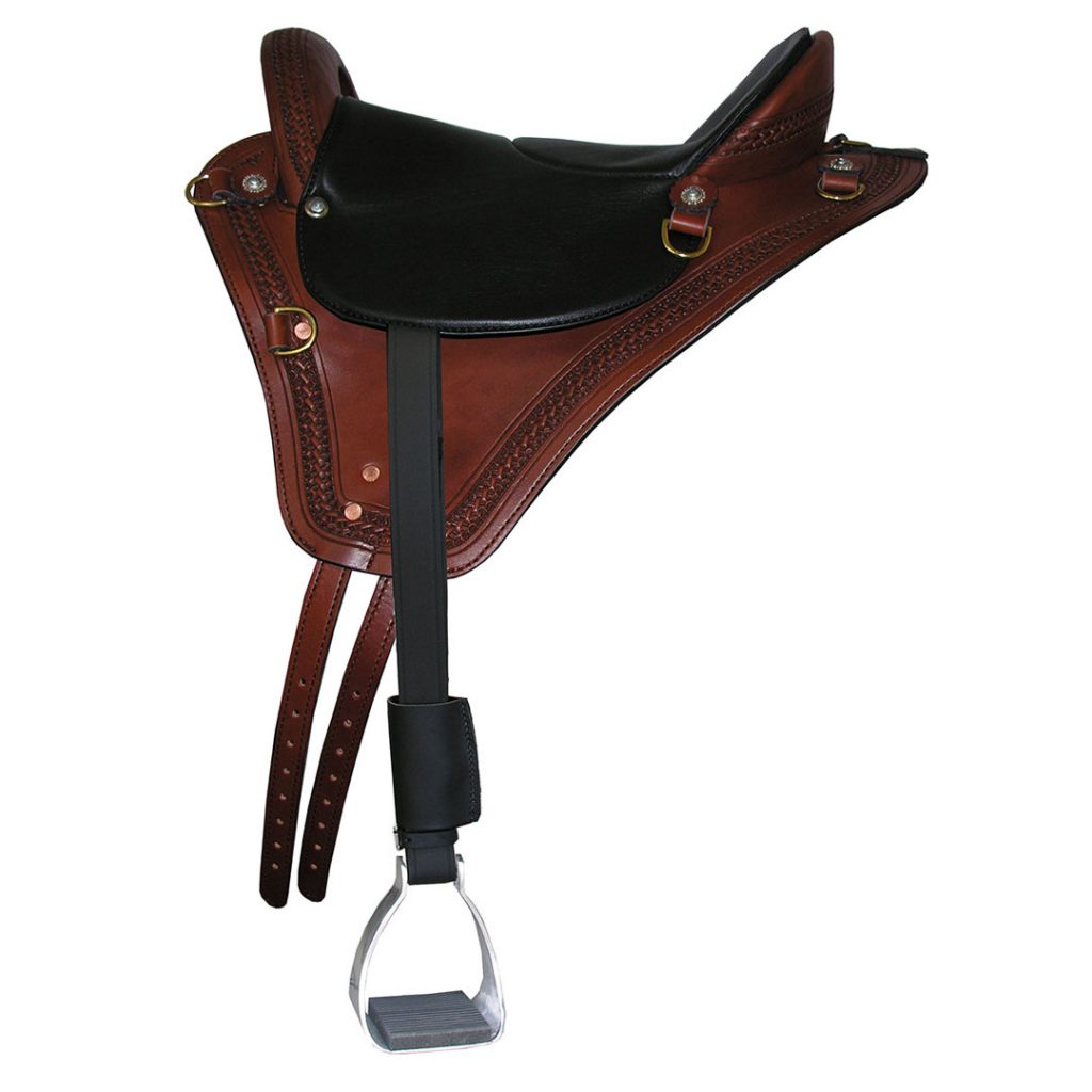 Eurolight Saddle from Specialized Saddles - Brown with Basketweave Edge Tooling, Black Padded Leather Flat Seat, English Rigging, Leathers & Aluminum Trail Stirrups