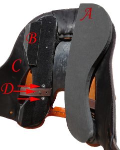 Shown here is the adjustable pad position, shim placement and Stirrup positions which allow for forward, balanced, or centered stirrup position.
