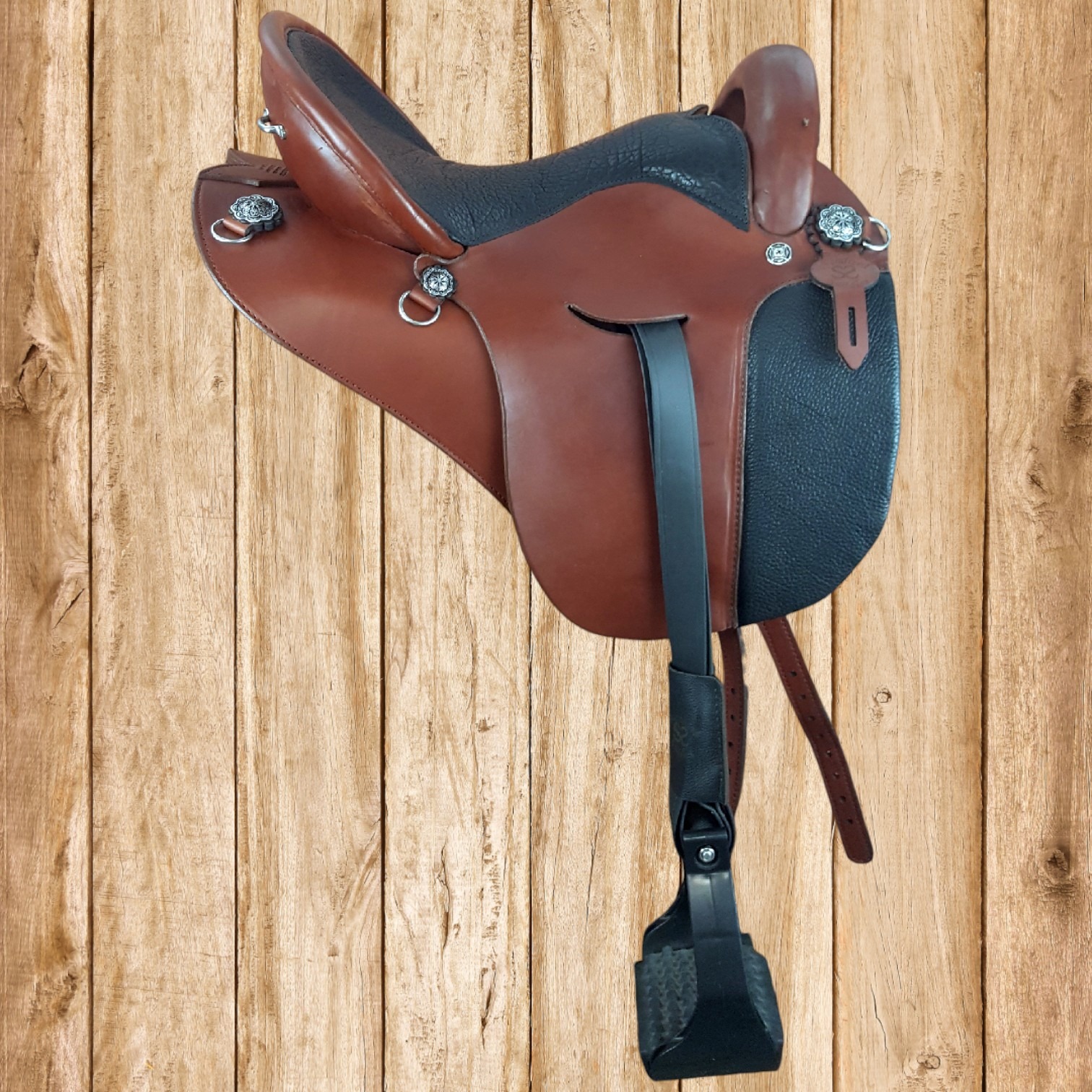 international, brown, no tooling, black buffalo seat